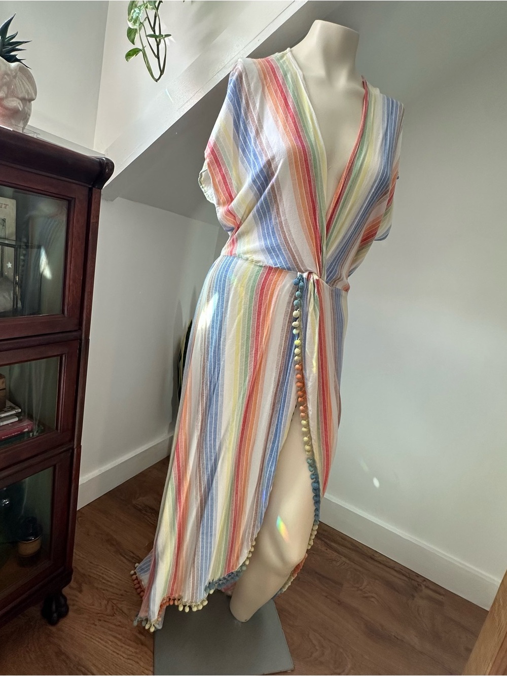 America & Beyond Women’s Rainbow Multicolor Striped Wrap Dress with Pom Trim